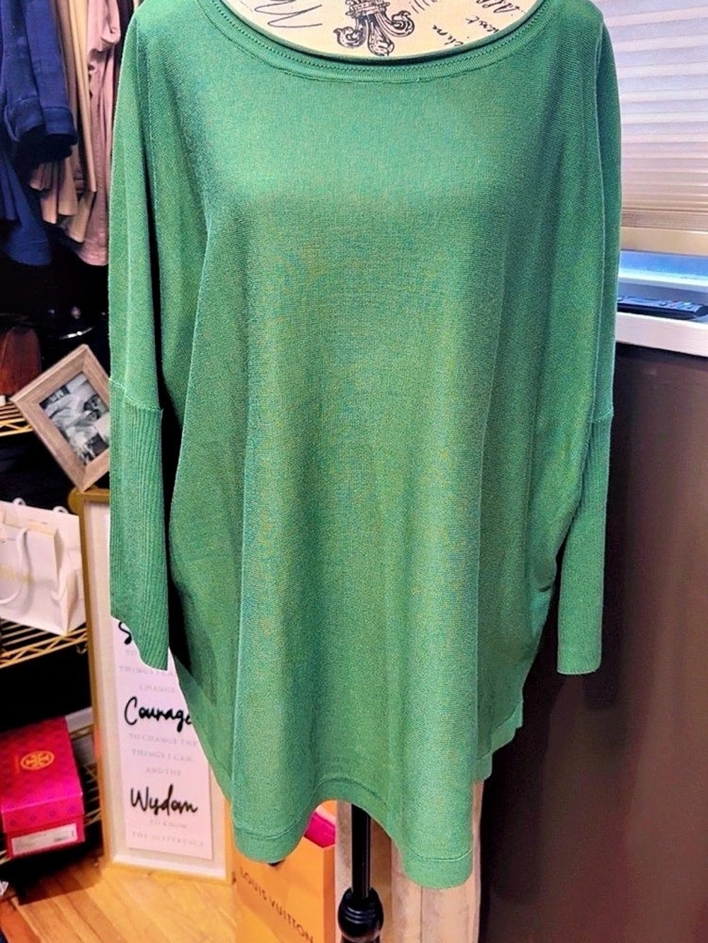 Cable & Gauge Button Back Rib Knit Tunic Sweater Green Cardigan